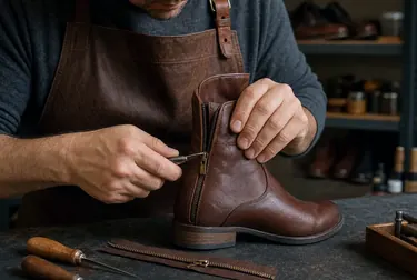 Sapateiro em Sobral consertando o zíper de uma bota.