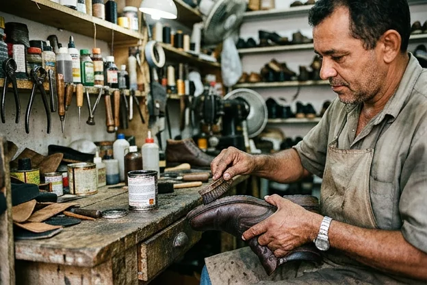 Sapato sendo impermeabilizado com produto apropriado em Sobral.